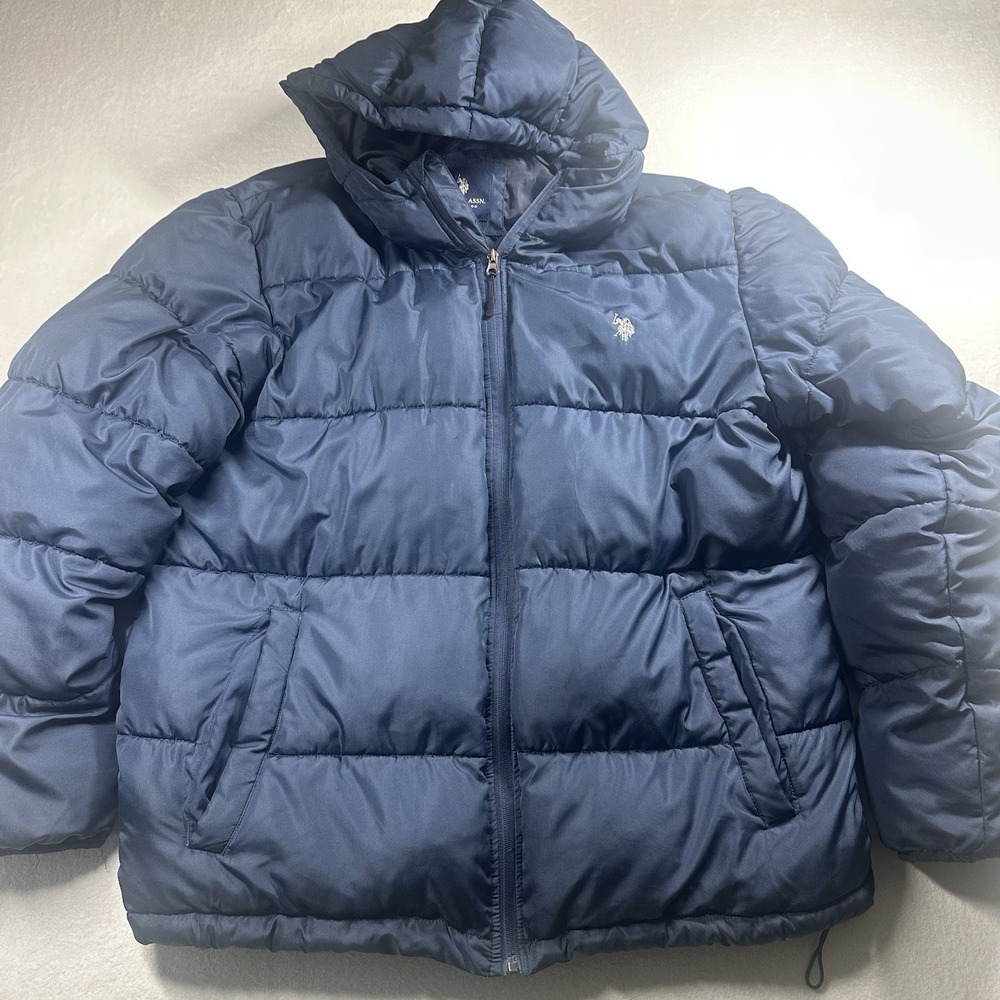 US Polo Assn‎ Hooded Puffer Jacket Men XL Blue Quilted Winter Coat Full Zip